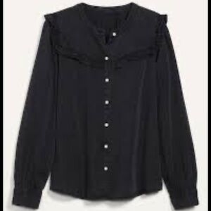 Old Navy Black Chambray Ruffle Yoke Button Front Top | Size M